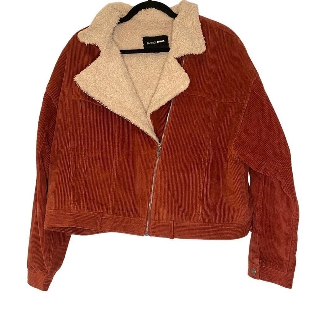 Fashion Nova Corduroy Sherpa Collared Full Zip Jacket Burnt Orange and Cream 2X